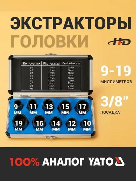 Набор головок для сорванных граней 3 8", 9-19мм HD-06031