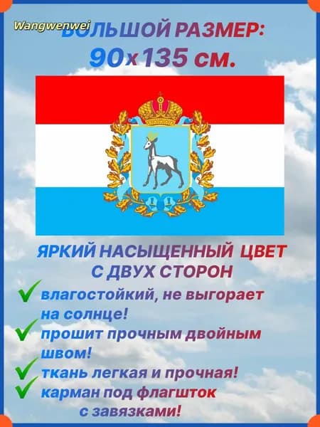 Флаг Самарской области, большой размер 90х135 см., для дома и улицы с карманом под флагшток