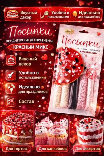 Посыпки кондитерские ПАРФЭ Декор Красный микс, фигурки и шарики, 20г