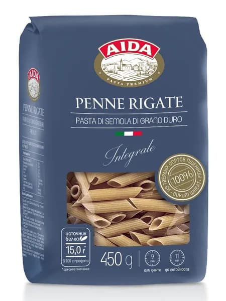 Макароны AIDA Penne Rigate Перья цельнозерновые 450 г