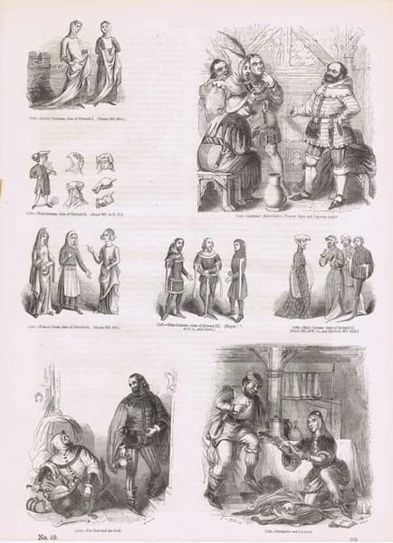 Старая Англия 152. Герои и сцены из Кентерберийских рассказов Джеффри Чосера, средневековые костюмы. Антикварная гравюра (ксилография). Англия, 1864 год