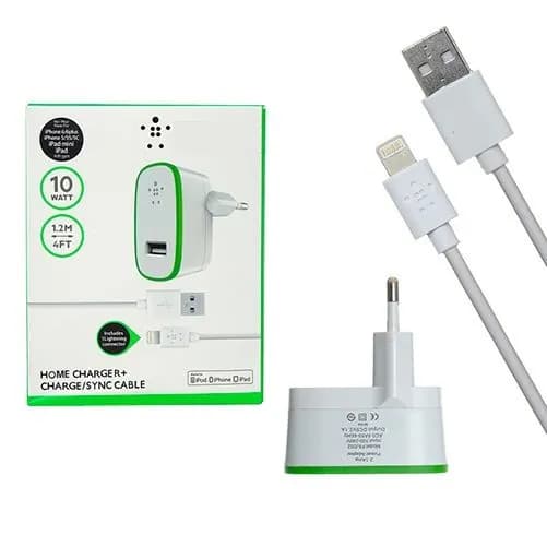 Зарядное устройство, блок питания, 5В/2.1А, USB + кабель IOS Lightning 1,2 м, белый
