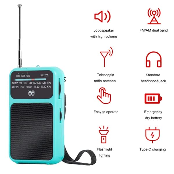 milochic Магнитола Портативное карманное AM FM-радио с батарейным питанием, указательное радио, встроенный динамик, синий