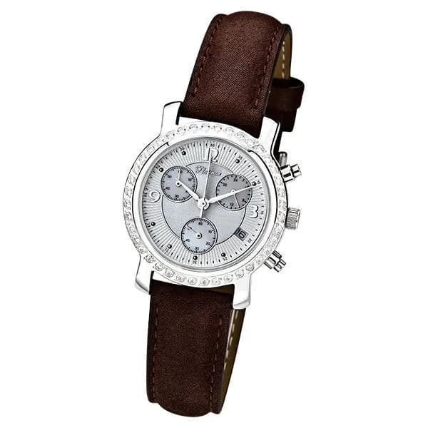 Женские серебряные часы Platinor Оливия хронограф с фианитами, арт. 97506A.213