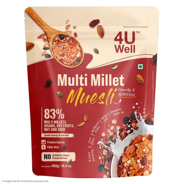 4 U Well Мюсли из многомучных злаков, без добавленного сахара, для здорового завтрака, 400 г