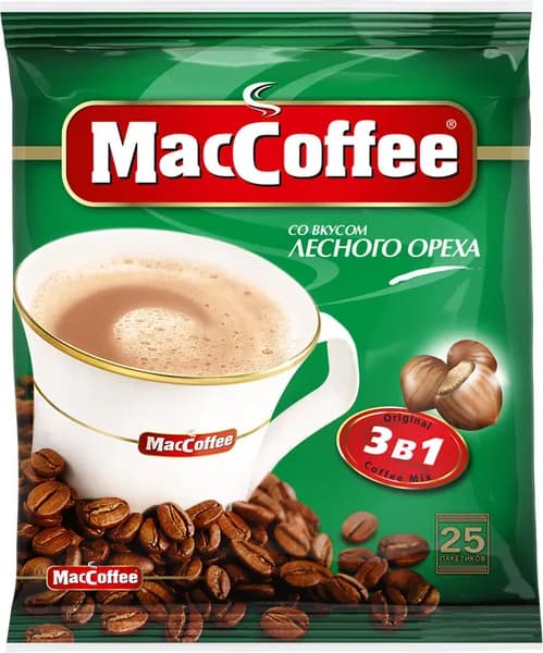 Растворимый кофейный напиток MacCoffee Hazelnut (МакКофе) со вкусом Лесного ореха 3 в 1, 25 пакетиков кофе по 18г.