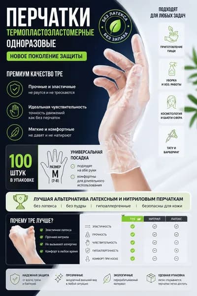 Перчатки одноразовые эластомерные, 98 шт, размер M, прозрачные