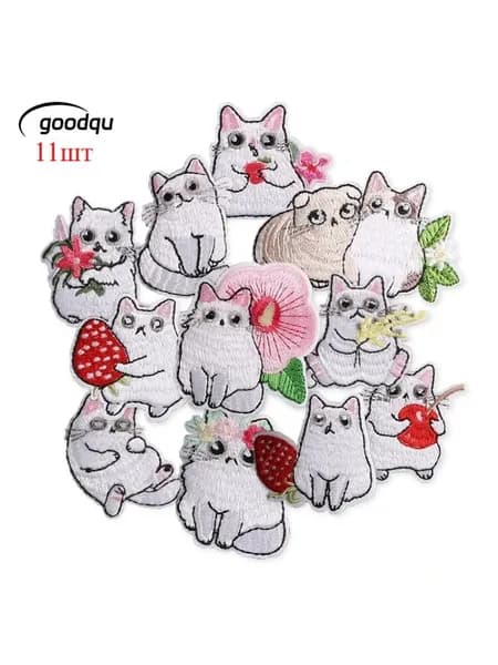 Вышитые термонашивки с клубникой и кошками, 11 штук, для детской одежды и курток