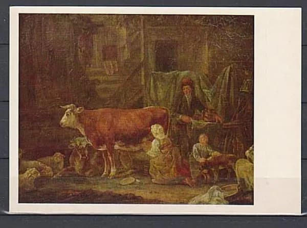 Иванов. Доение коровы. Винтажная открытка.