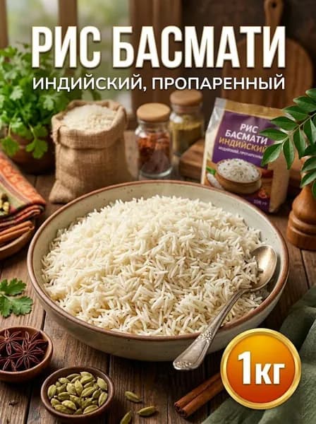 Рис Индийский Басмати, длиннозерный, пропаренный рис премиального качества для плова и гарнира, 1кг.