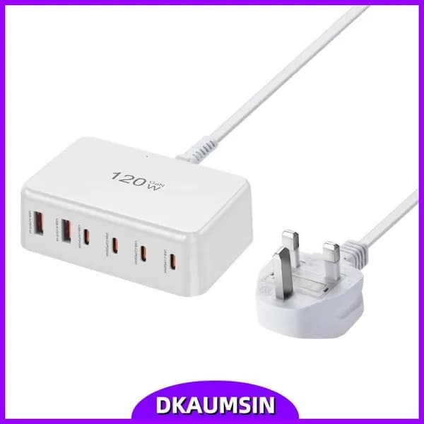 Многопортовое USB C Настольное зарядное устройство USB Зарядный хаб с 120W Компактный дизайн, Белый - UK