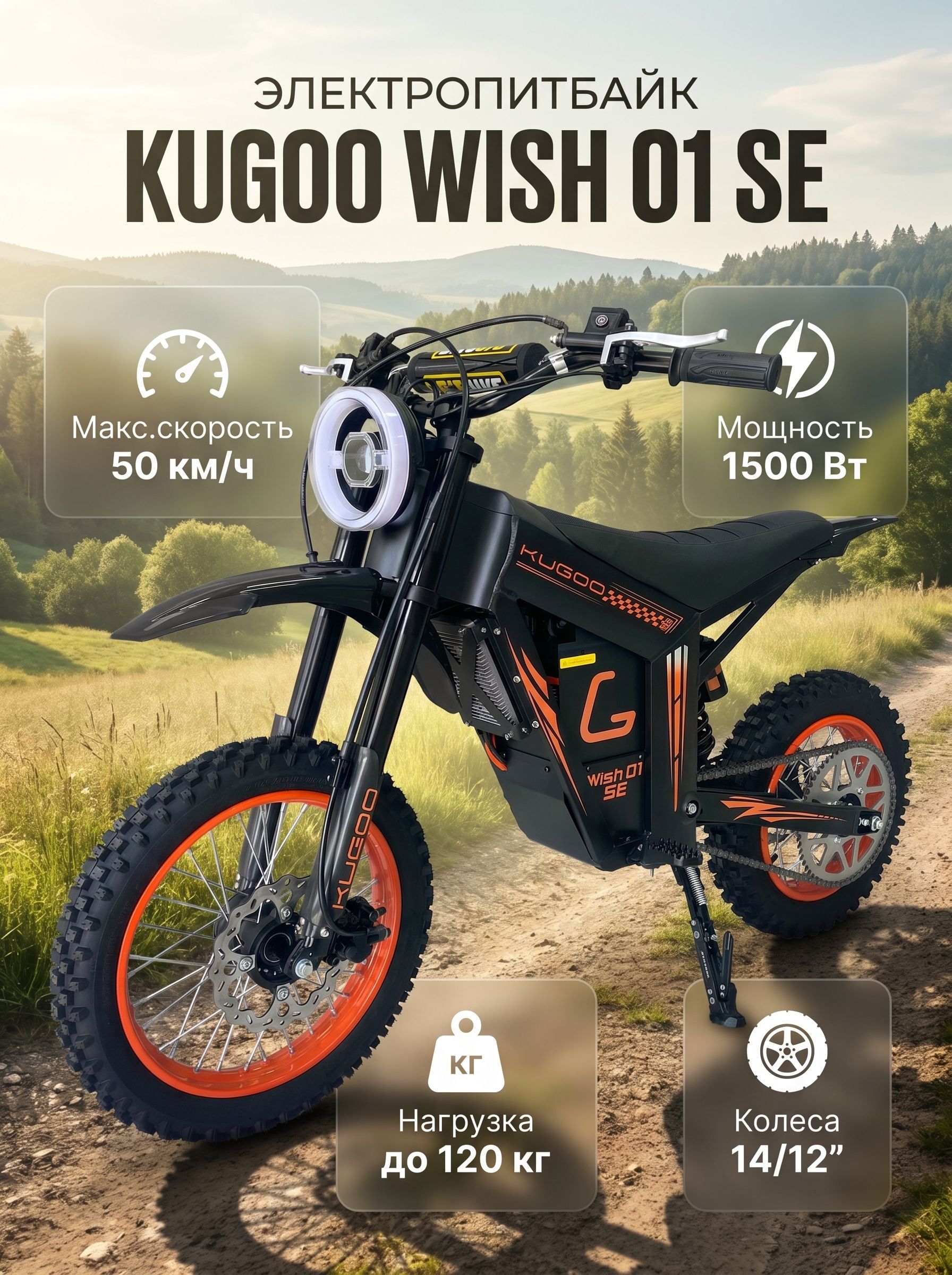 Электропитбайк электромопед Kugoo WISH 01 SE 1500W 48V21Ah