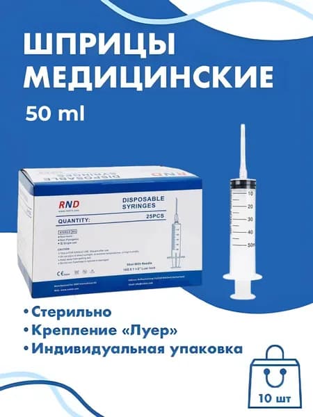 Шприцы Luer Lock 50 ml с иглой 10 шт