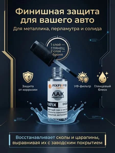 Финишный акриловый лак fixfixfix Clearcoat для ремонта ЛКП Восстановление сколов и царапин, защита от коррозии и УФ, глянцевый блеск, кисть в комплекте