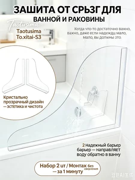 Ограничитель воды для ванны, акриловый экран-перегородка на край ванны и раковины - набор 2 шт, прозрачный водоотталкивающий бортик для предотвращения попадания воды на пол