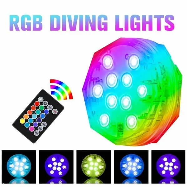 Светильник светодиодный водонепроницаемый для бассейна (10 LED, RGB, 15 цветов, на батарейках, IP68)
