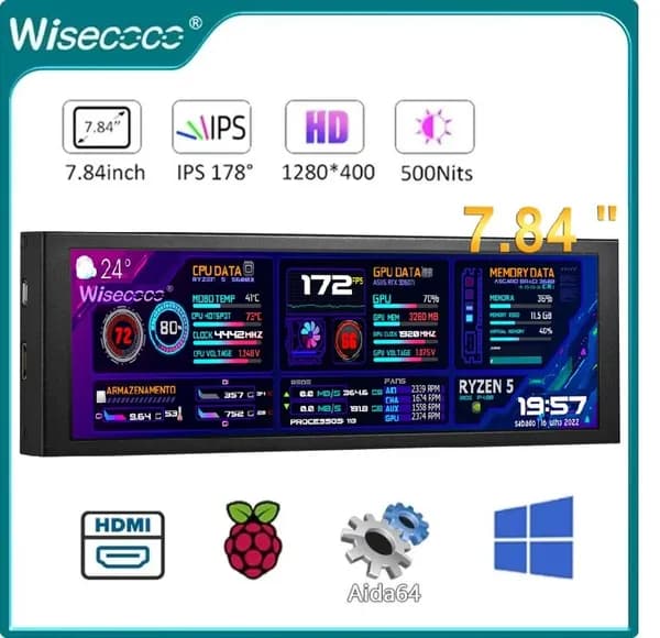 Wisecoco Пиксельный экран 7.84"мини-монитор HD IPS 1280x400 вторичный экран растягивается бар ЖК-дисплей с корпусом для ноутбука компьютер скорость температура Windows Aida64 CPU GPU мониторинг, черный матовый