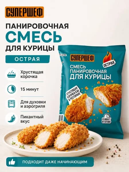 Панировочная смесь для курицы острая СУПЕРШЕФ 200 г, панировка для наггетсов, стрипсов и крыльев