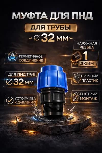 Муфта ПНД (компрессионная) переходная 32 мм с наружной резьбой 1" ТПК АКВА