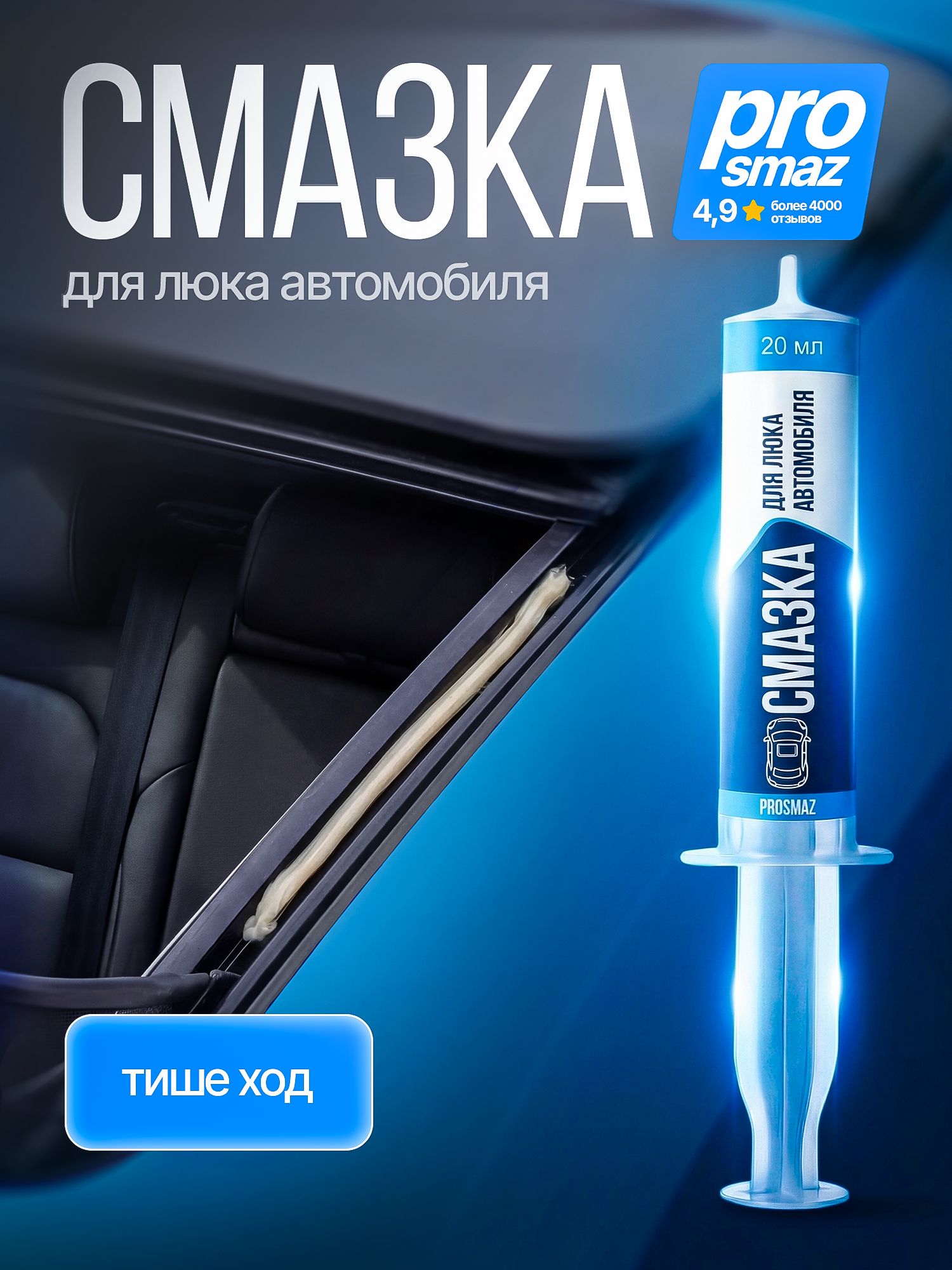 PROSMAZ Смазка для автомобильного люка, направляющих и уплотнителя, силиконовая, в шприце 20 мл со шкалой, носик для труднодоступных мест