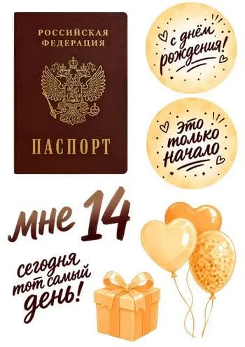 Сахарная картинка для торта "Паспорт в 14 лет. Вариант 2". Украшение для торта и декор для выпечки.