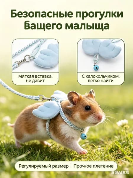Поводок для хомяков и грызунов, регулируемая шлейка-аксессуар для прогулок с колокольчиком, мягкая защита для крыс и мелких питомцев.