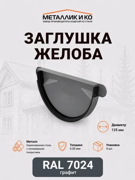 Заглушка желоба D125мм 4шт металл.(ОЦ) графит.(RAL7024)