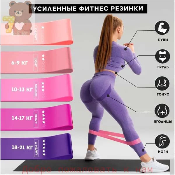 Резинка для фитнеса, набор 5 шт. Спортивный комплект эспандеров занятий спортом, йогой, пилатесом. Цвет фитнес-лент: розовый