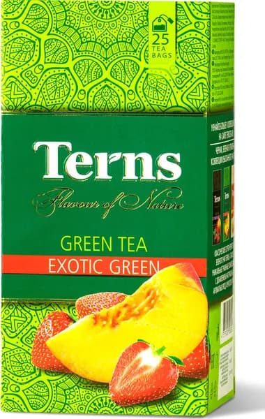 Terns "Exotic Green" чай зеленый со вкусом персика и клубники пакетированный в саше, 25 пакетиков
