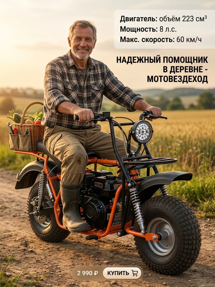 Мотоцикл 8лс, вариатор, фара, эл.стартер, колеса 8", бензиновый
