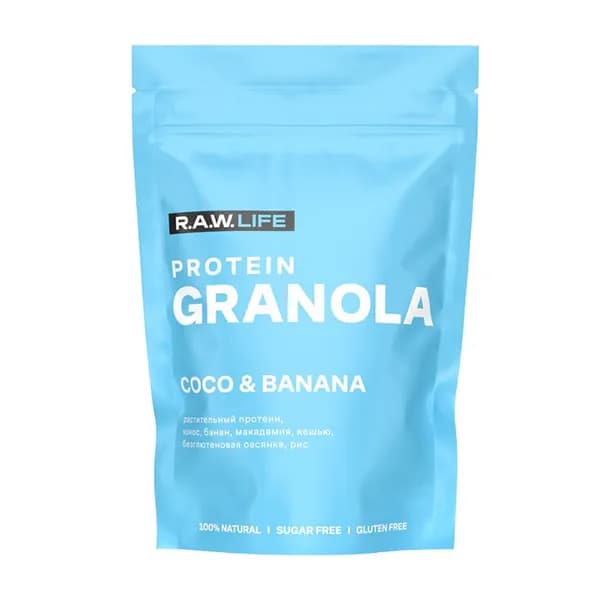 Гранола безглютеновая Protein granola berries Кокос банан без сахара, R.A.W.Life, 220 г, Россия