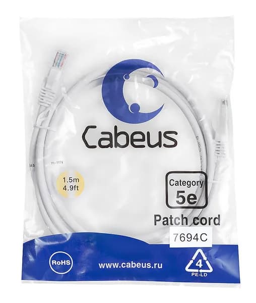 Патч-корд RJ-45 Cabeus 1.5м, Cat.5е белый