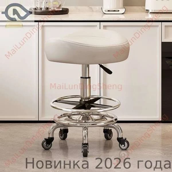 Ортопедический стул, Искусственная кожа, Модель с подножкой, без спинки, белый цвет, с колёсами на подшипниках «Цзиньцзуань»