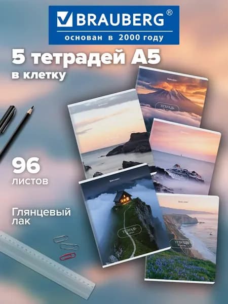 Тетрадь в клетку 96 листов А5 на скобе общая, набор 5 штук