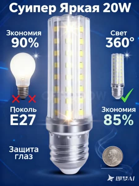Лампочка, Цоколь:E27, 20 Вт, Светодиодная, 1 шт.