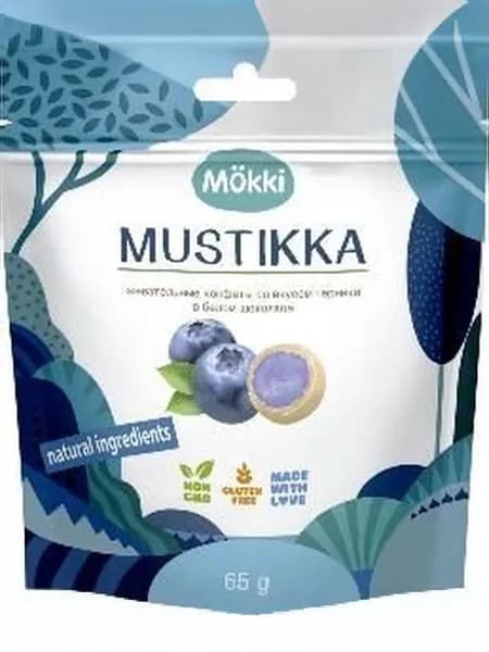 Жевательные конфеты со вкусом черники в белом шоколаде Mokki Mustikka 65 гр.