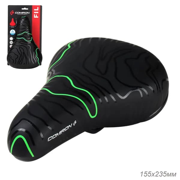 Седло велосипедное детское COMIRON FIL N964G-pv 235x155, Технологии: ED, Верх: PU принтованный, Цвет: Чёрный Зелёный