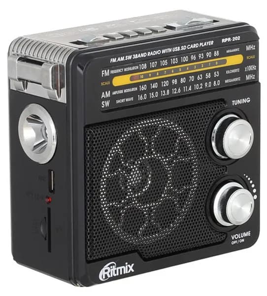 Радиоприемник с фонарем Ritmix RPR-202 Black/черный, FM, USB/micro SD/AUX, фонарь, антенна, аккум.