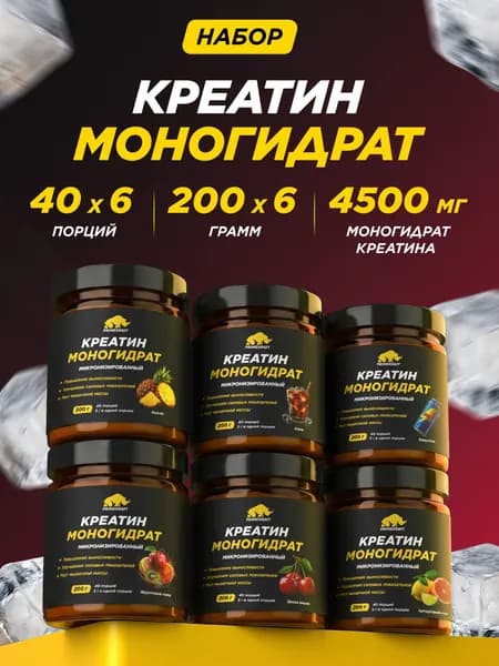 Креатин Моногидрат Микронизированный PRIMEKRAFT Creatine Monohydrate Micronized Ассорти, банка 200 гр *6 шт / 240 порций
