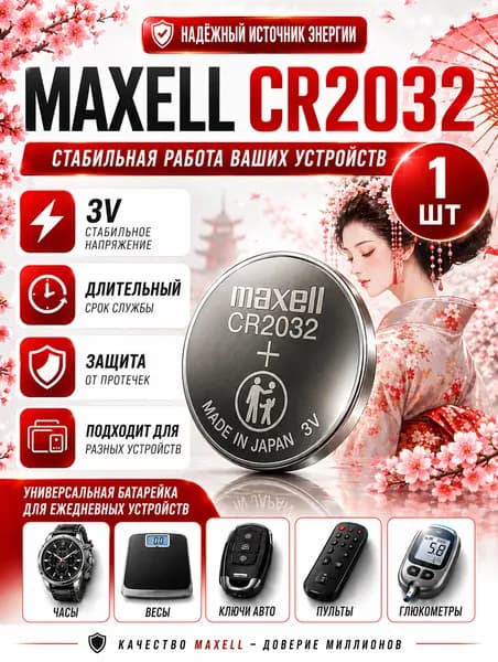 CR2032 Maxell (RED) 1шт. (Made in Japan по штрихкоду) литиевый элемент питания 3V,