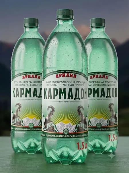 Кармадон Минеральная природная питьевая лечебная газированная вода, 4.5 л ( 3 шт по 1.5 л )