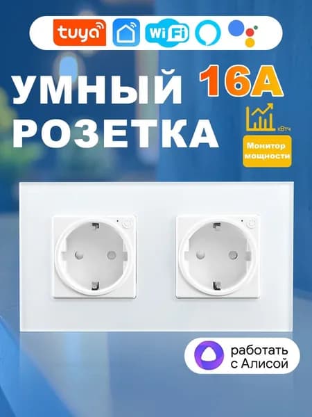 16A.Умная встраиваемая розетка с Алиса, белая.2 постовая.