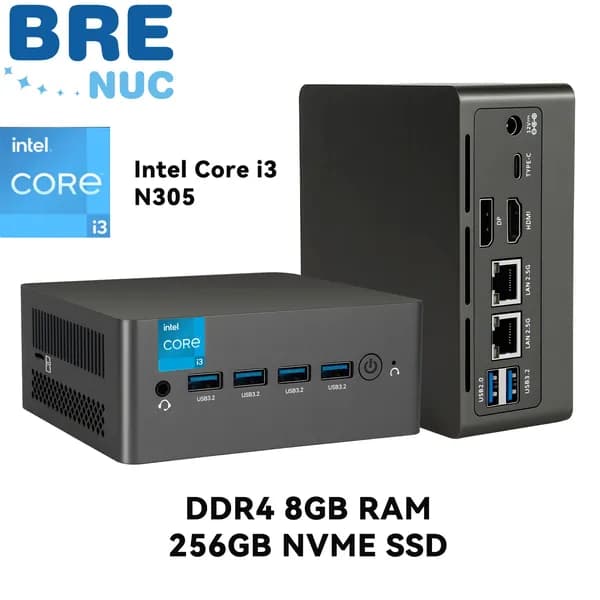 BRENUC Мини-ПК (Intel Core i3-N305, RAM 8 ГБ, SSD 256 ГБ, Intel UHD Graphics, Windows 11 Pro), светло-серый