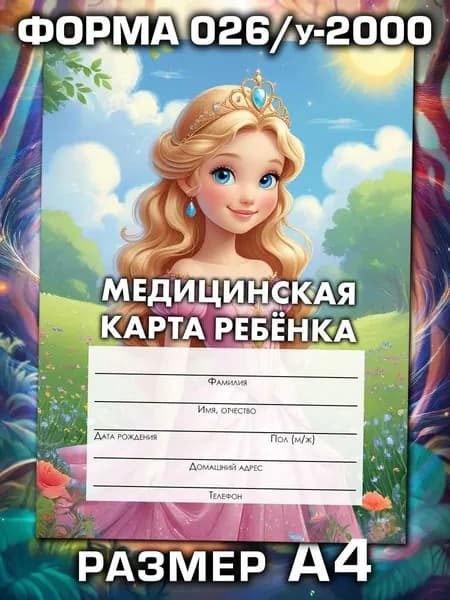 Медицинская карта 026/у-2000 Аурасо, медкарта в детский сад, школу и поликлинику, амбулаторная, большая, размер А4