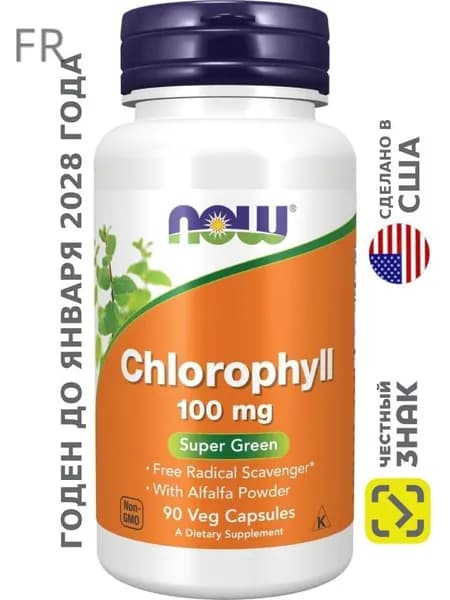 Хлорофилл 100 мг 90 капсул Chlorophyll NOW Foods, США