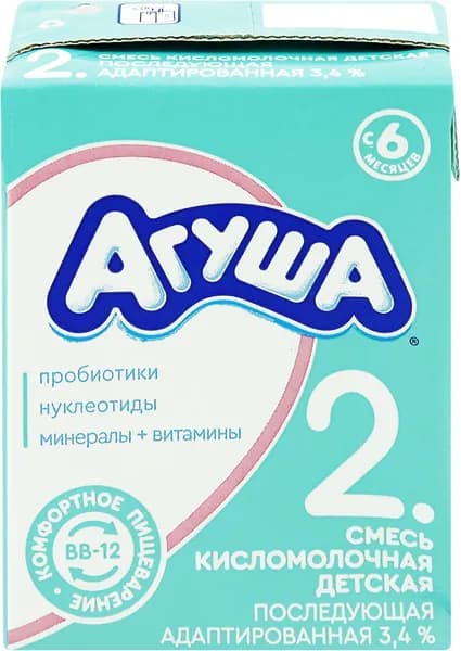 Смесь кисломолочная АГУША 2 с витаминами и минералами в-ми нукл.с 6-ти месяцев посл.ад.ф-ла 3,4% без змж, 204г