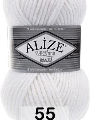 Пряжа Alize Superlana Maxi (Ализе Суперлана Макси) - 55 БЕЛЫЙ 75% акрил, 25% шерсть 100м/100г - 1 Моток