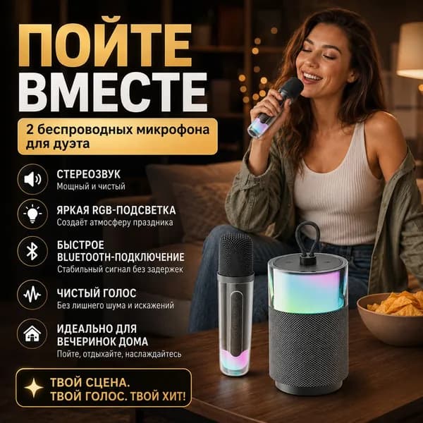 Беспроводная Bluetooth караоке-колонка с 2 микрофонами, RGB-подсветка, мощный стереозвук, портативная домашняя аудиосистема для вечеринок