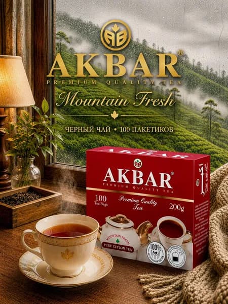 Чай черный AKBAR в пакетиках 100 шт, цейлонский байховый чай, 200 г, Mountain Fresh