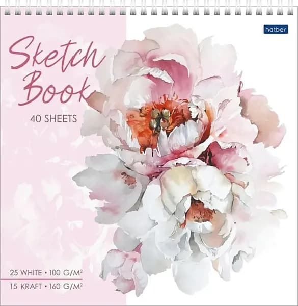 Скетчбук "Premium" Блокнот SketchBook 40л (15л. крафт 160г +25л белый офсет 100г) 240х240мм без линовки, жесткая подложка на гребне-Нежный пион